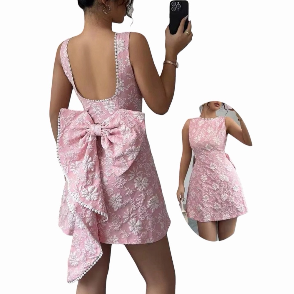 Coquette Pink A-line Back Bow Mini Dress L • Brocade Barbiecore Romantic Party